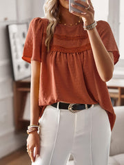 Lace Splicing Crew Neck Blouse, Casual Short Sleeve Top For Spring & Summer, Women's Clothing