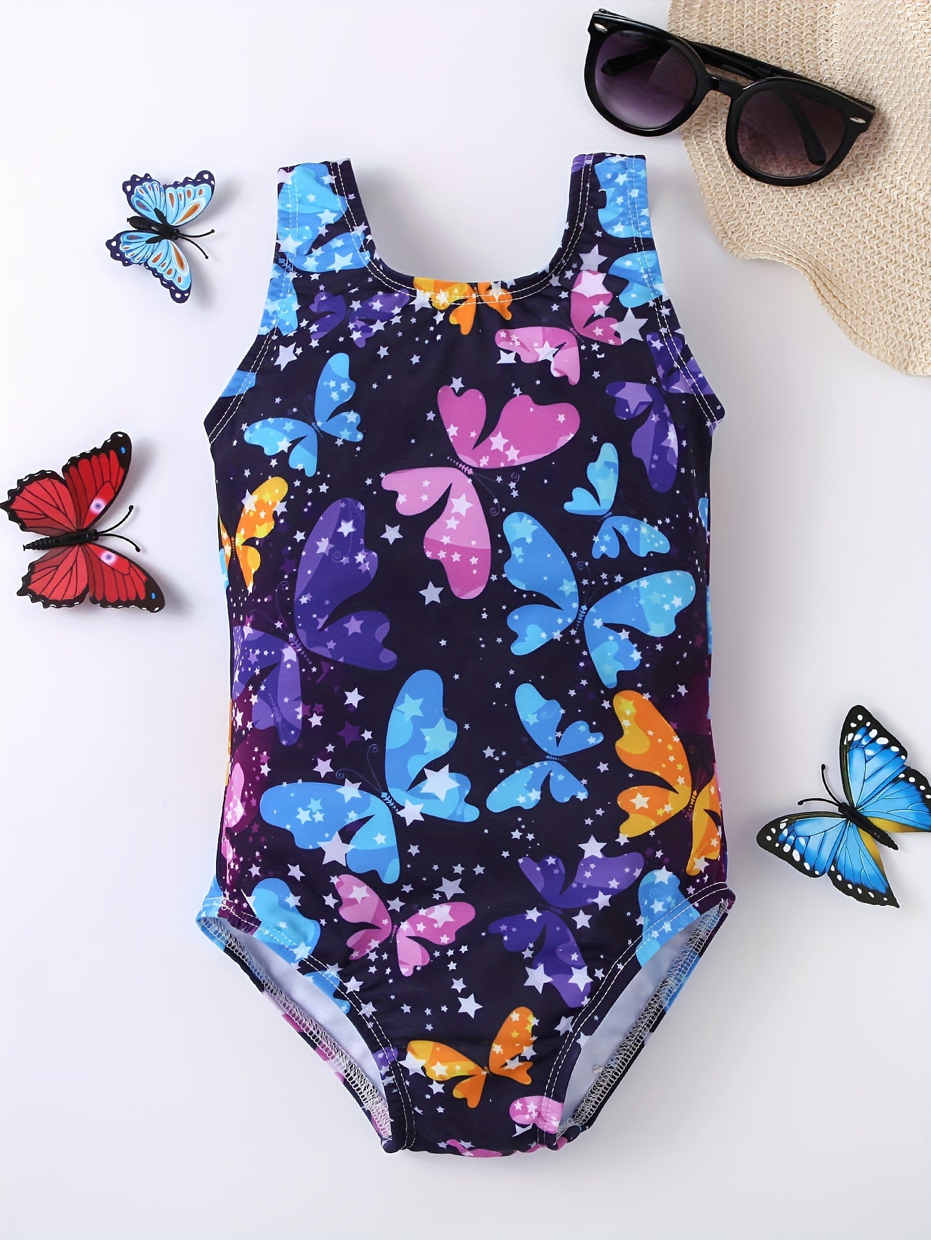 1-Piece Girls Butterflies Print Swimsuit - Sleeveless, Stretchy & Vibrant Design - Perfect for Pool & Beach Adventures