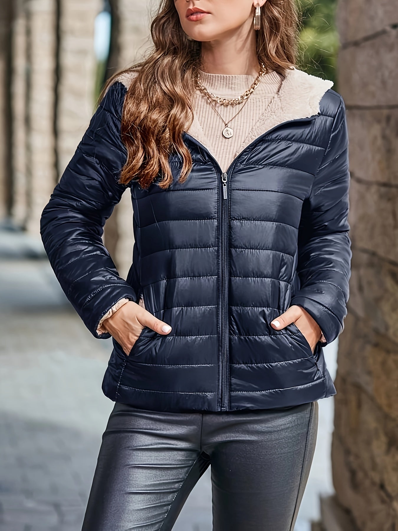 Zip-up Hoodie Puffy Coat, Casual Thermal Long Sleeve Coat For Fall & Winter, Women's Clothing