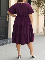 Plus Size Solid Tiered Lettuce Trim Dress, Elegant Pocket Ruched Short Sleeve Crew Neck Dress For Spring & Summer, Women's Plus Size Clothing