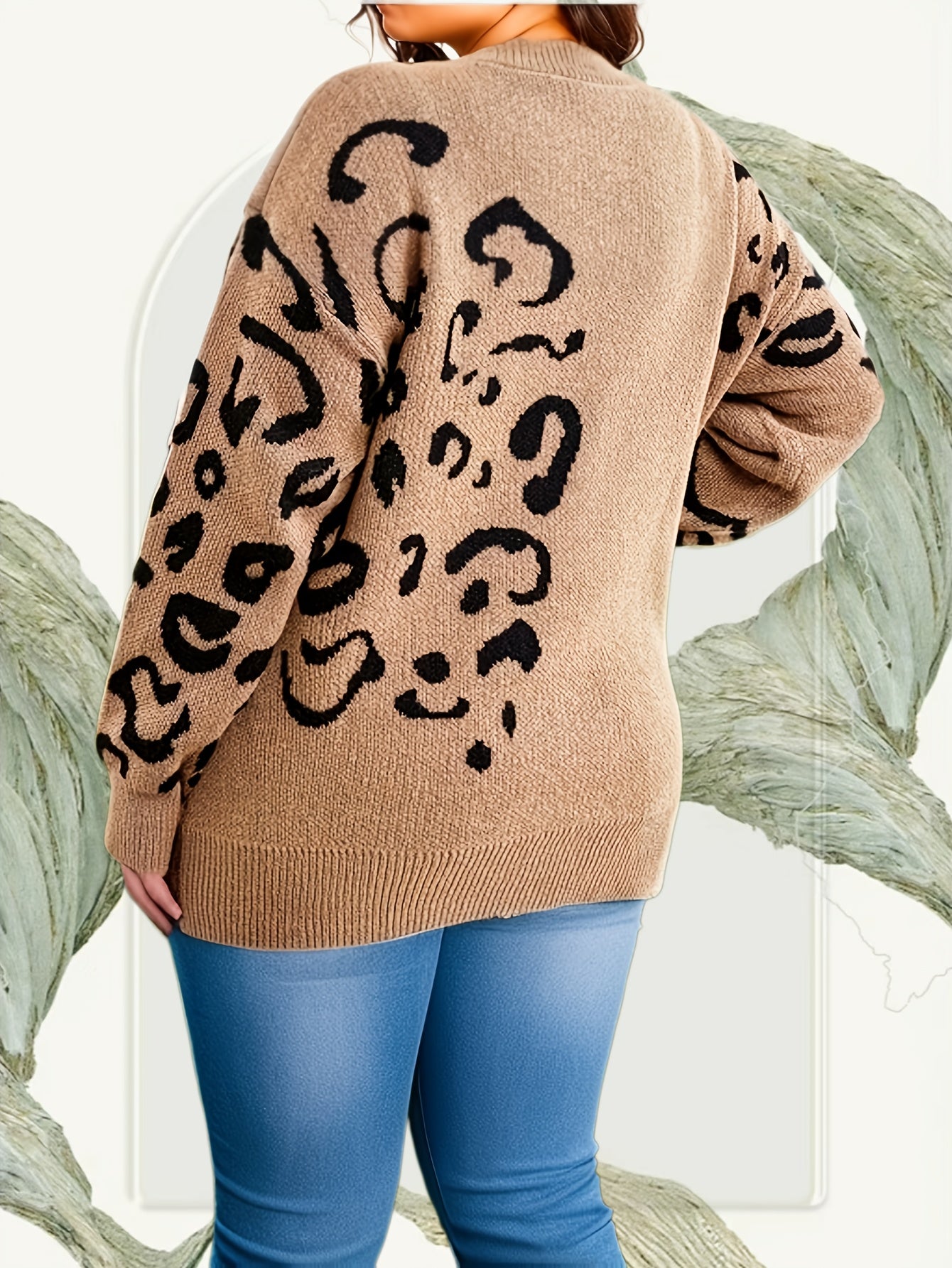 Plus Size Leopard Pattern Sweater, Casual Drop Shoulder Crew Neck Knitted Top, Women's Plus Size Clothing