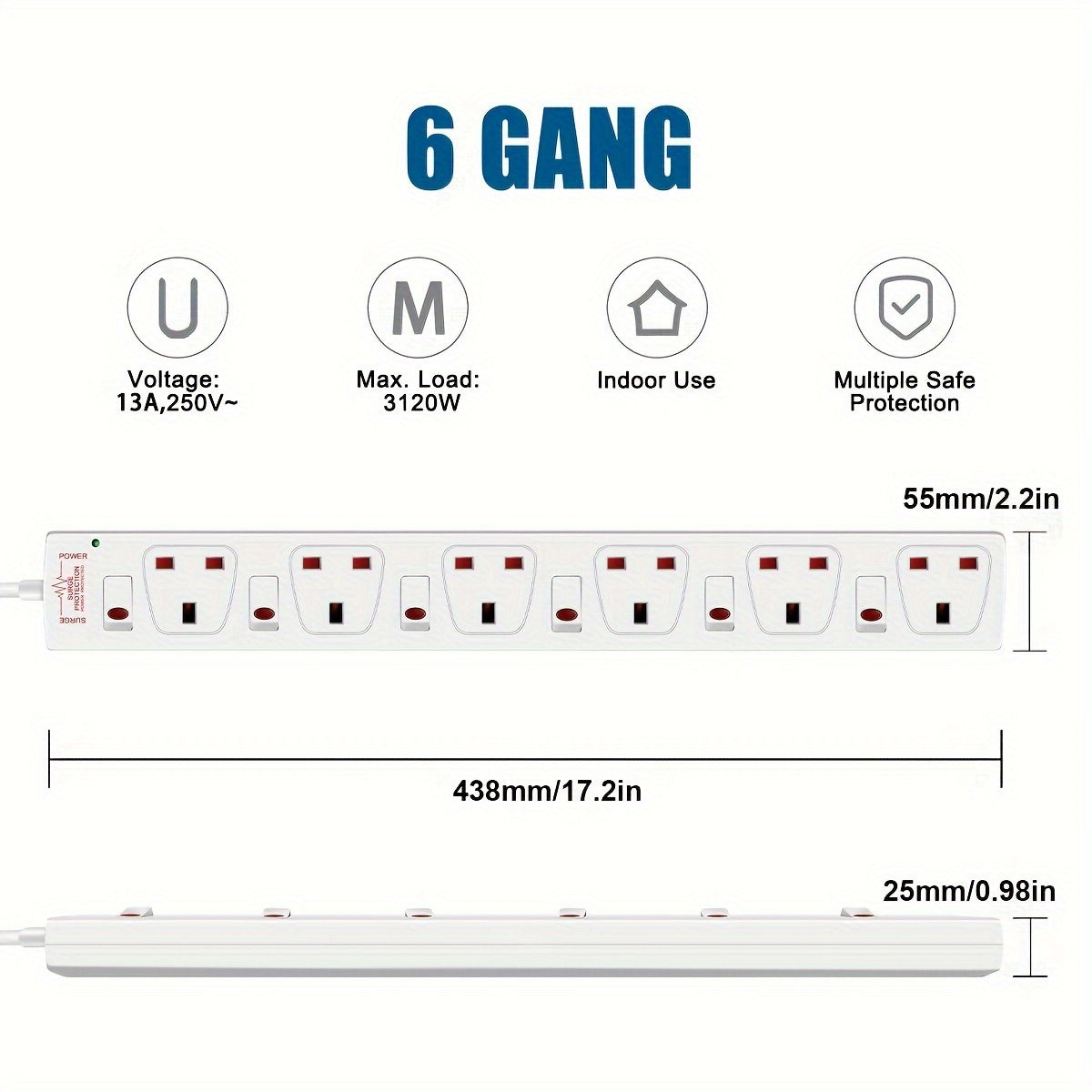 6 Way Extension Leads With Surge Protection, Wall Mounted Power Strips With Individual Switches 13A UK Plug (1M, White)