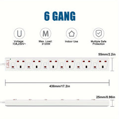 6 Way Extension Leads With Surge Protection, Wall Mounted Power Strips With Individual Switches 13A UK Plug (1M, White)