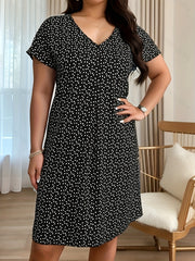 Plus Size All Over Print Dress, Elegant V Neck Short Sleeve Dress, Women's Plus Size Clothing