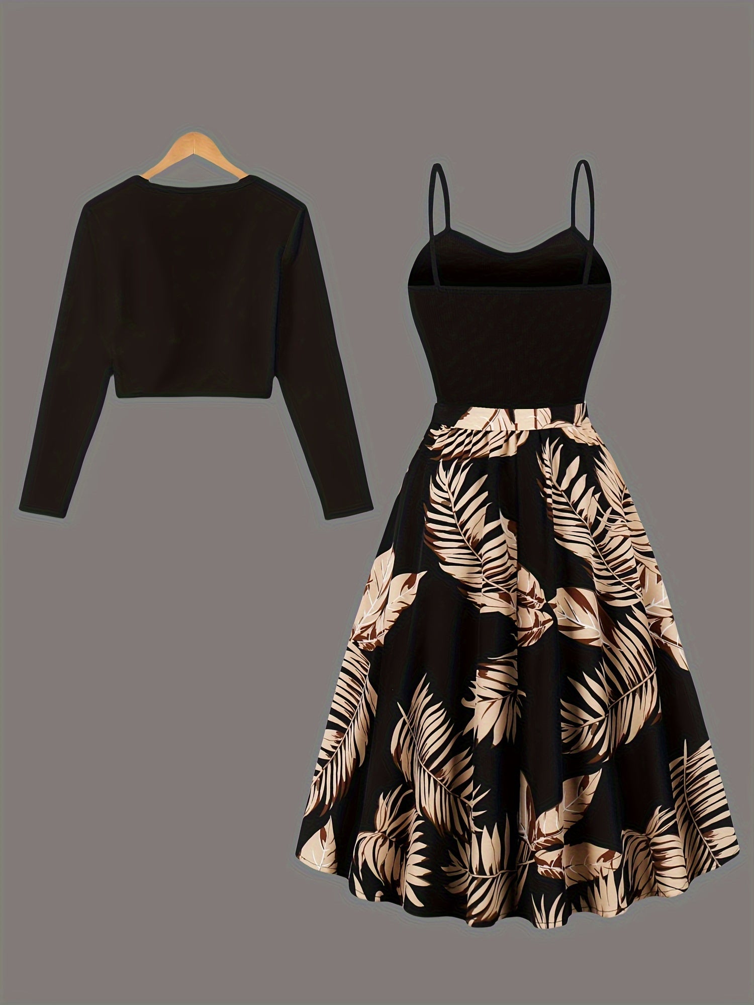 Leaf Print Pleated Elegant Set, Open Front Long Sleeve Cardigan & Backless Sleeveless Belted Cami Dress, Women's Clothing