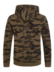 Mens Camo Fleece Hooded Winter Jacket - Warm, Stretchy, Pocketed, Loose Fit, Zip-Up Coat for Fall and Winter - Polyester Knit Fabric, Placket Closure