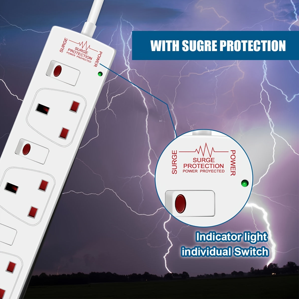 6 Way Extension Leads With Surge Protection, Wall Mounted Power Strips With Individual Switches 13A UK Plug (1M, White)