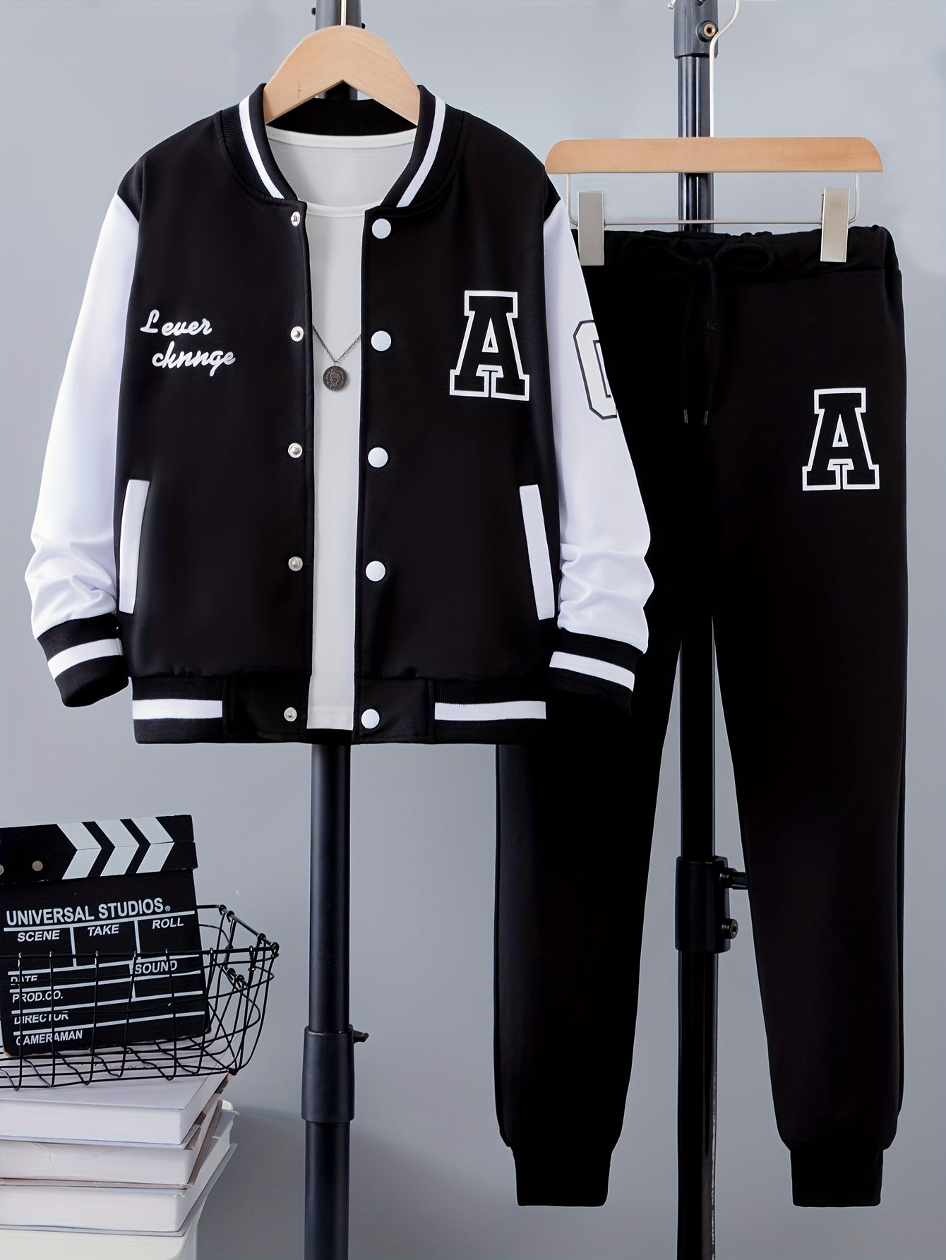 2pcs Boy's Letter Print Varsity Jacket Outfit, Preppy Style Bomber Jacket & Pants Set, Kid's Clothes For Fall Winter, As Gift