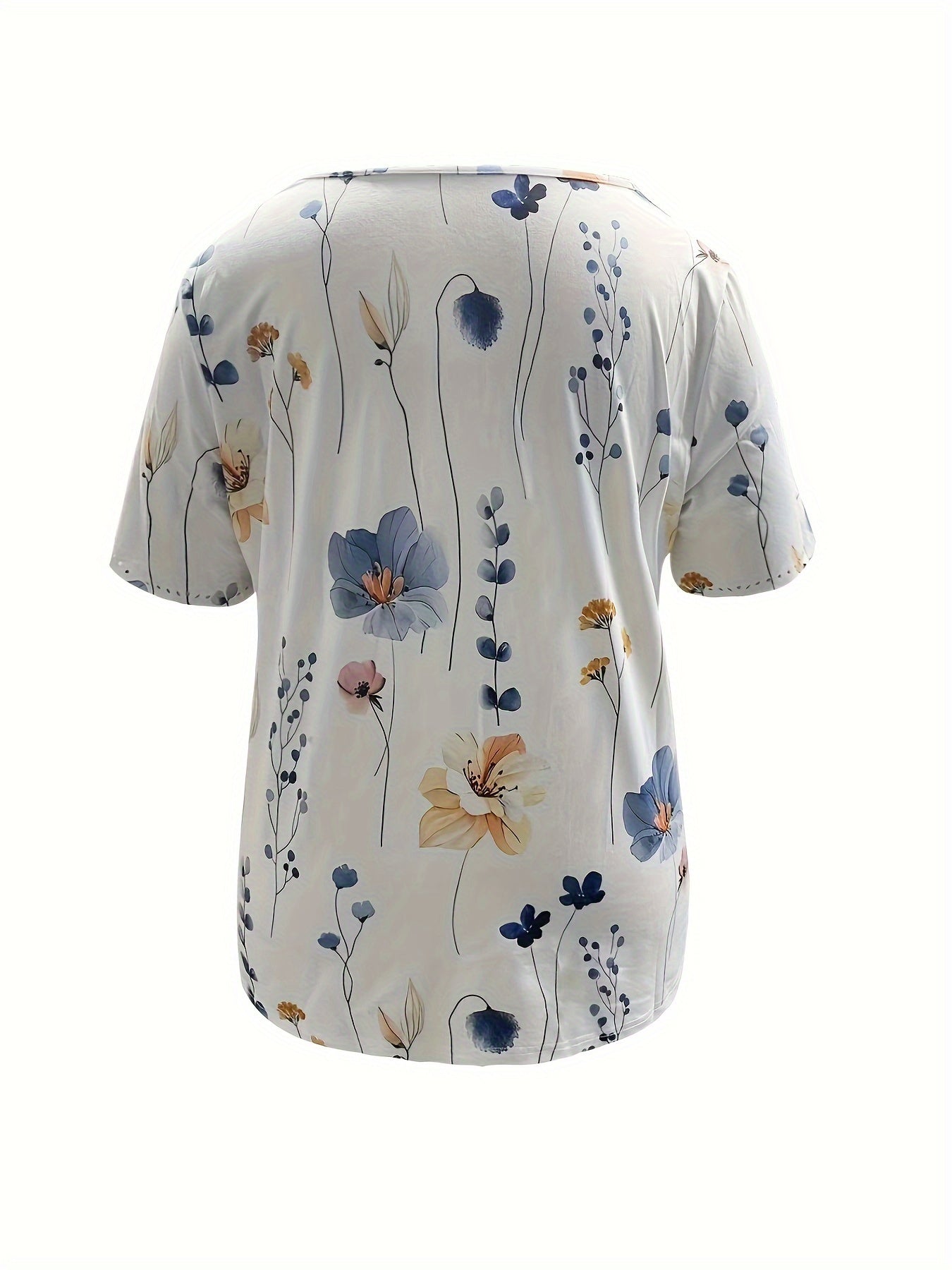 Plus Size Floral Print T-Shirt, Casual Short Sleeve V Neck T-Shirt, Women's Plus Size Clothing