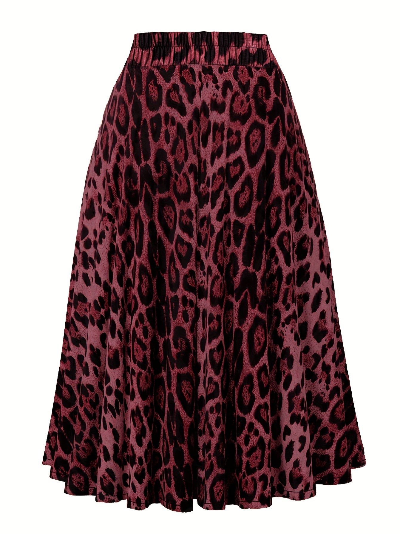 Plus Size Retro Skirt, Women's Plus Leopard Print Elastic Tie Waist Swing A-line Skirt