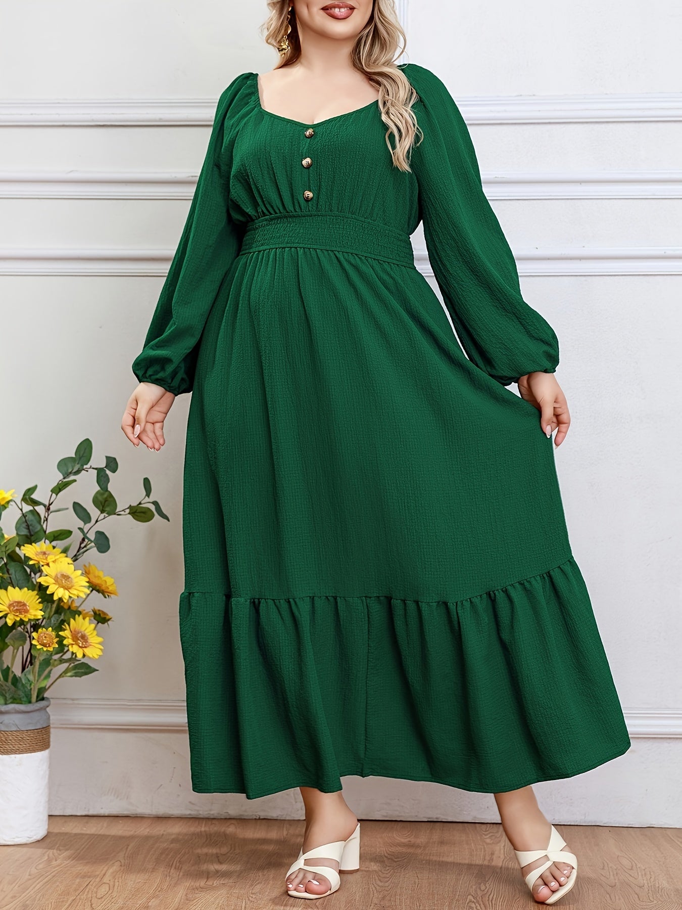 Plus Size Solid Button Front Dress, Casual Crew Neck Long Sleeve Ruffle Hem Dress, Women's Plus Size Clothing