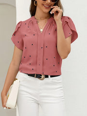 Dot Print Petal Sleeve Blouse, Elegant V-neck Short Sleeve Blouse, Women's Clothing