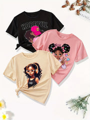 3pcs, Cartoon Portrait/heart Pattern Crew Neck T-shirts, Casual Short Sleeve Trendy Summer Tees Comfy Tops, Girls' Clothing