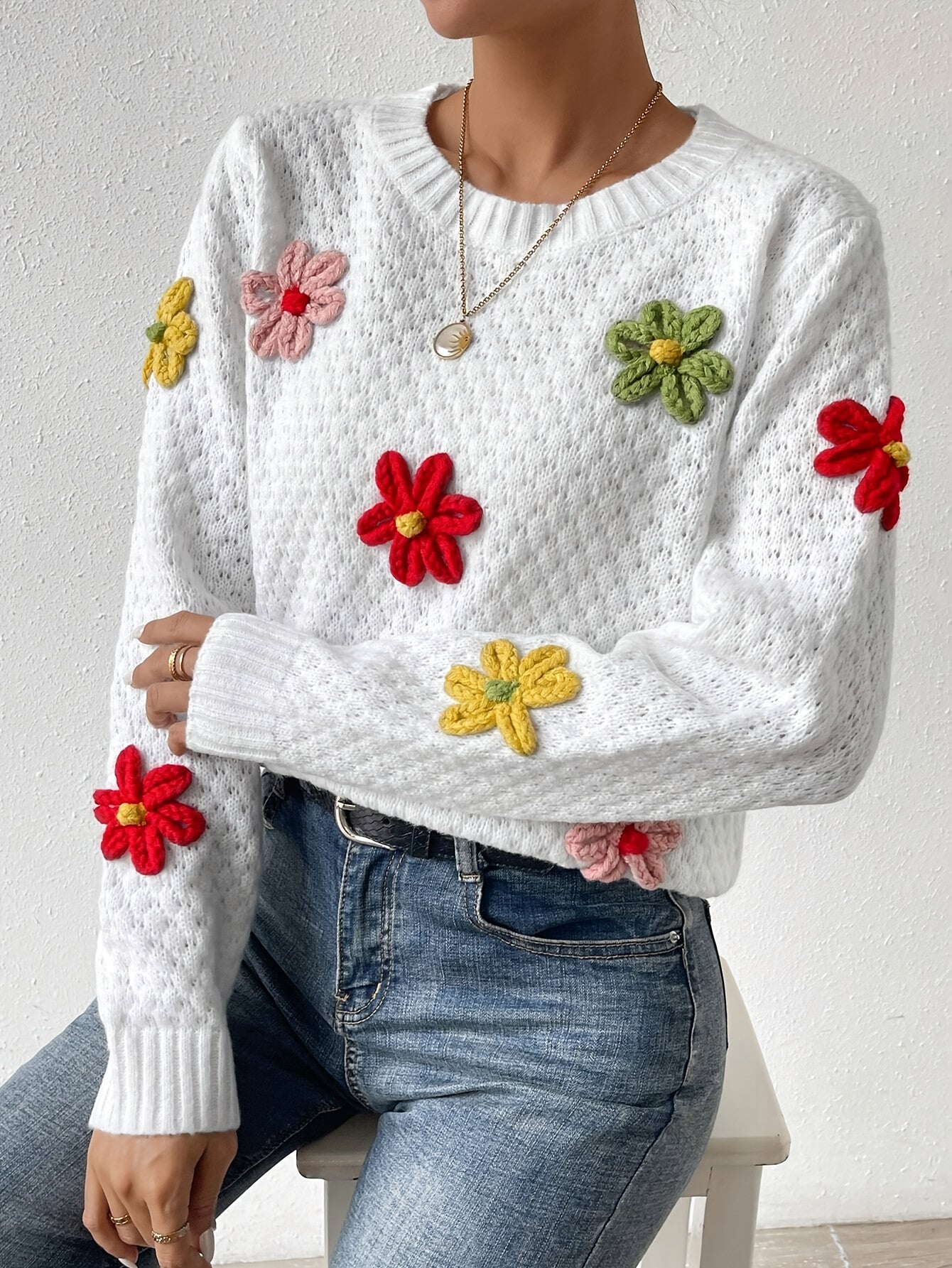 Floral Design Crew Neck Knitted Sweater, Casual Long Sleeve Drop Shoulder Pullover Sweater For Fall & Winter, Women's Clothing