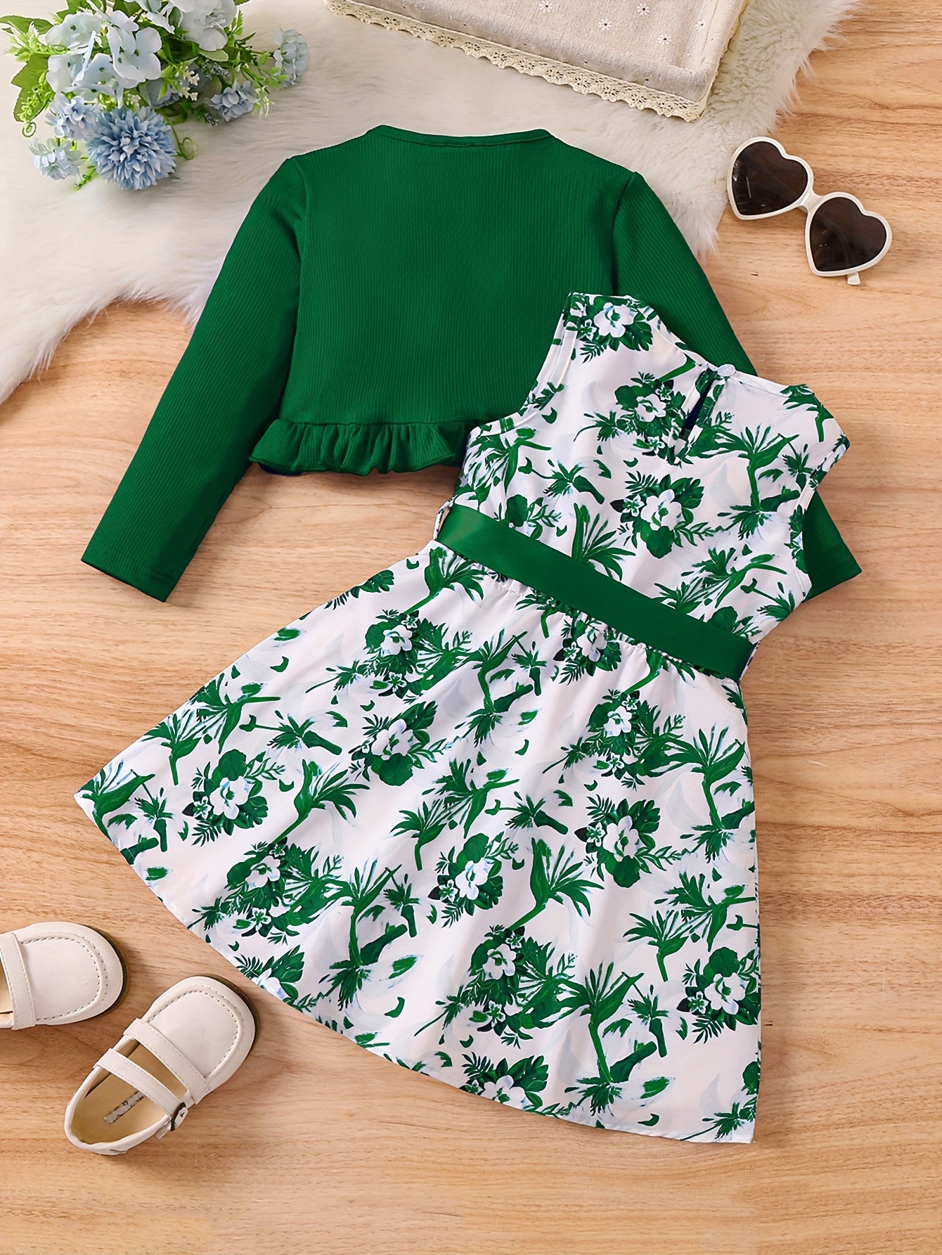 Elegant Toddler Girls 2pcs, Ruffle Trim Cropped Outerwear + Flora Print Sleeveless Dress Set Spring Summer Fall Gift