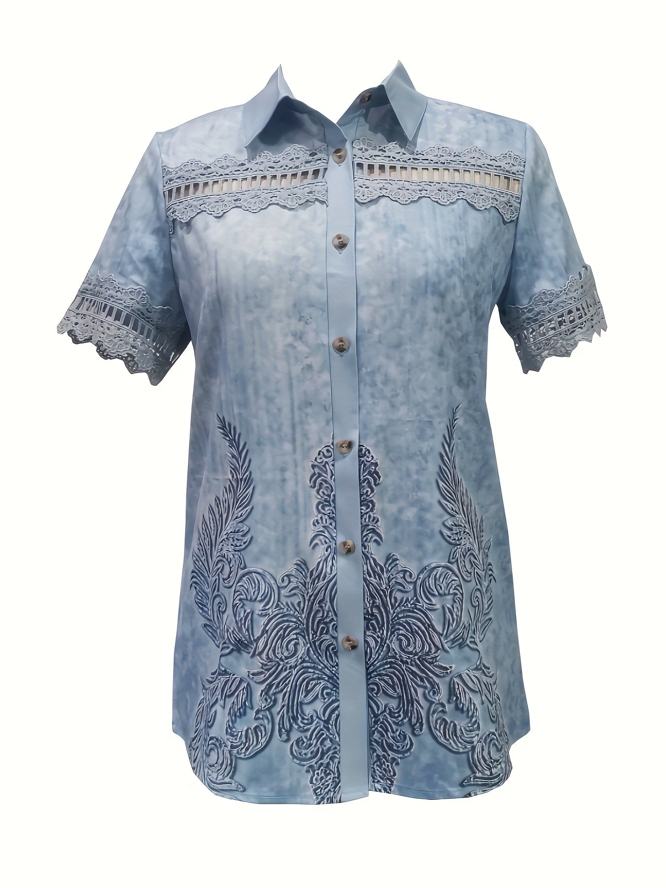 Floral Print Button Front Blouse, Casual Eyelet Embroidered Short Sleeve Blouse For Spring & Summer, Women's Clothing