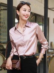 Satin Button Front Shirt, Elegant Long Sleeve Lapel Shirt For Spring & Fall, Women's Clothing