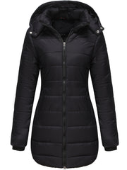 Zip Up Detachable Hooded Coat, Casual Solid Long Sleeve Winter Warm Outerwear, Women's Clothing