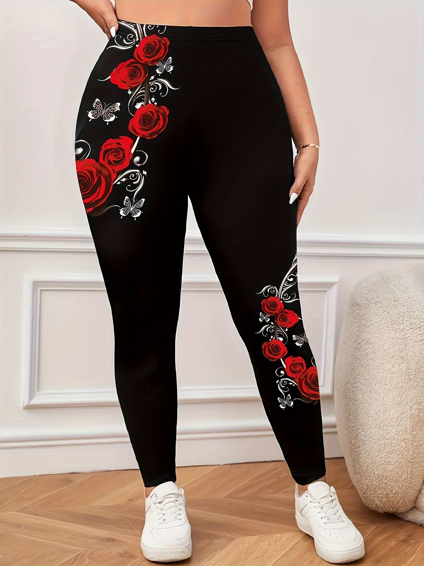 Plus Size Floral Print Leggings, Casual High Waist Stretchy Leggings For Spring & Summer, Women's Plus Size Clothing