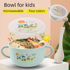 Cartoon Bowl, Children Tableware, Anti-fall, Insulated Food Supplement Bowl With Two Handles, Baby Feeding Bowl With Lid, Microwave Safe, Suitable For Infant, Food Supplement Fruit Cute Bowl