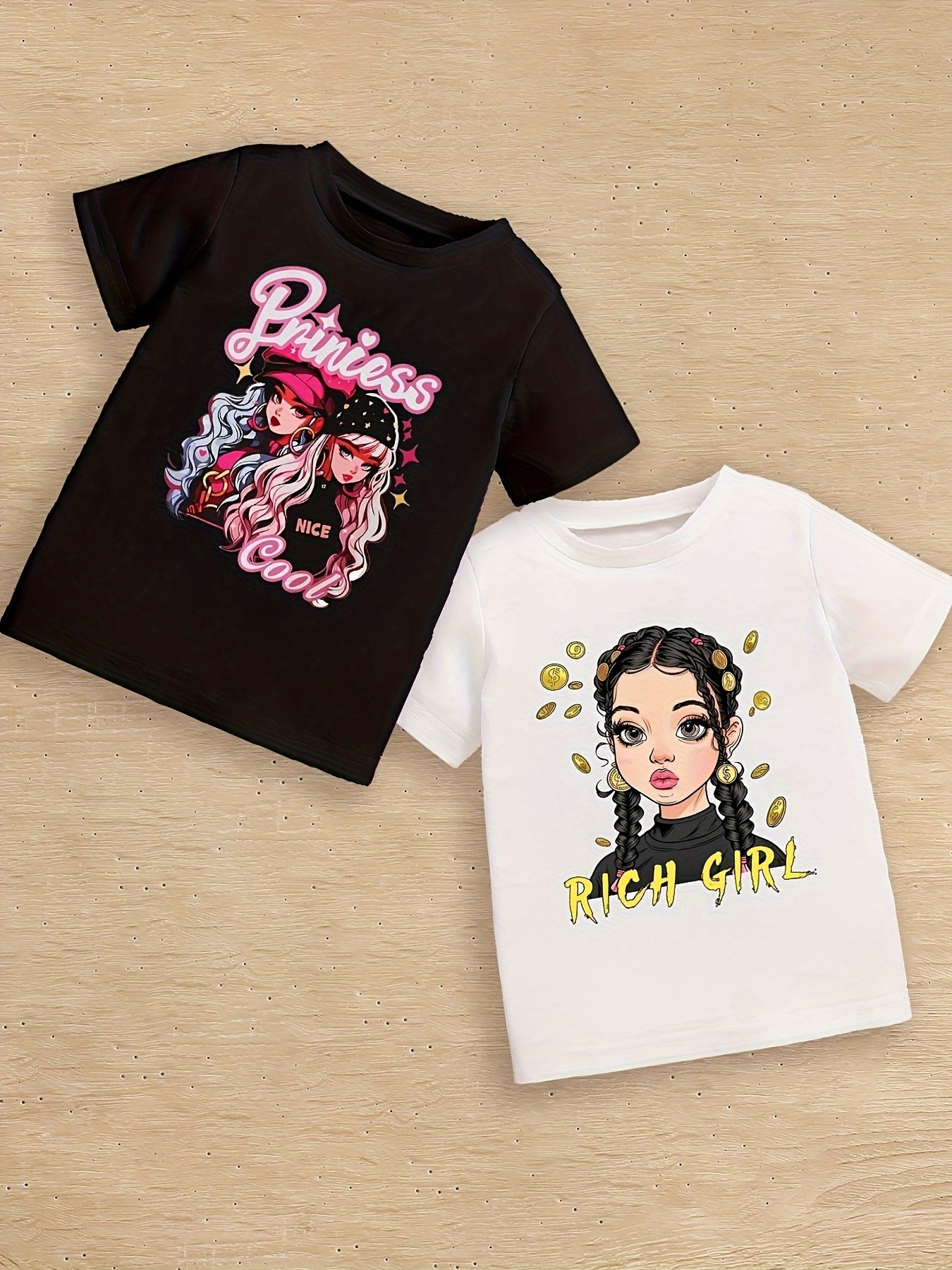 Cool Cartoon Girls & RICH GIRL Graphic Print, Girls' 5PCS/Set Short Sleeve Crew Neck Tees For Summer, Girls' Clothes