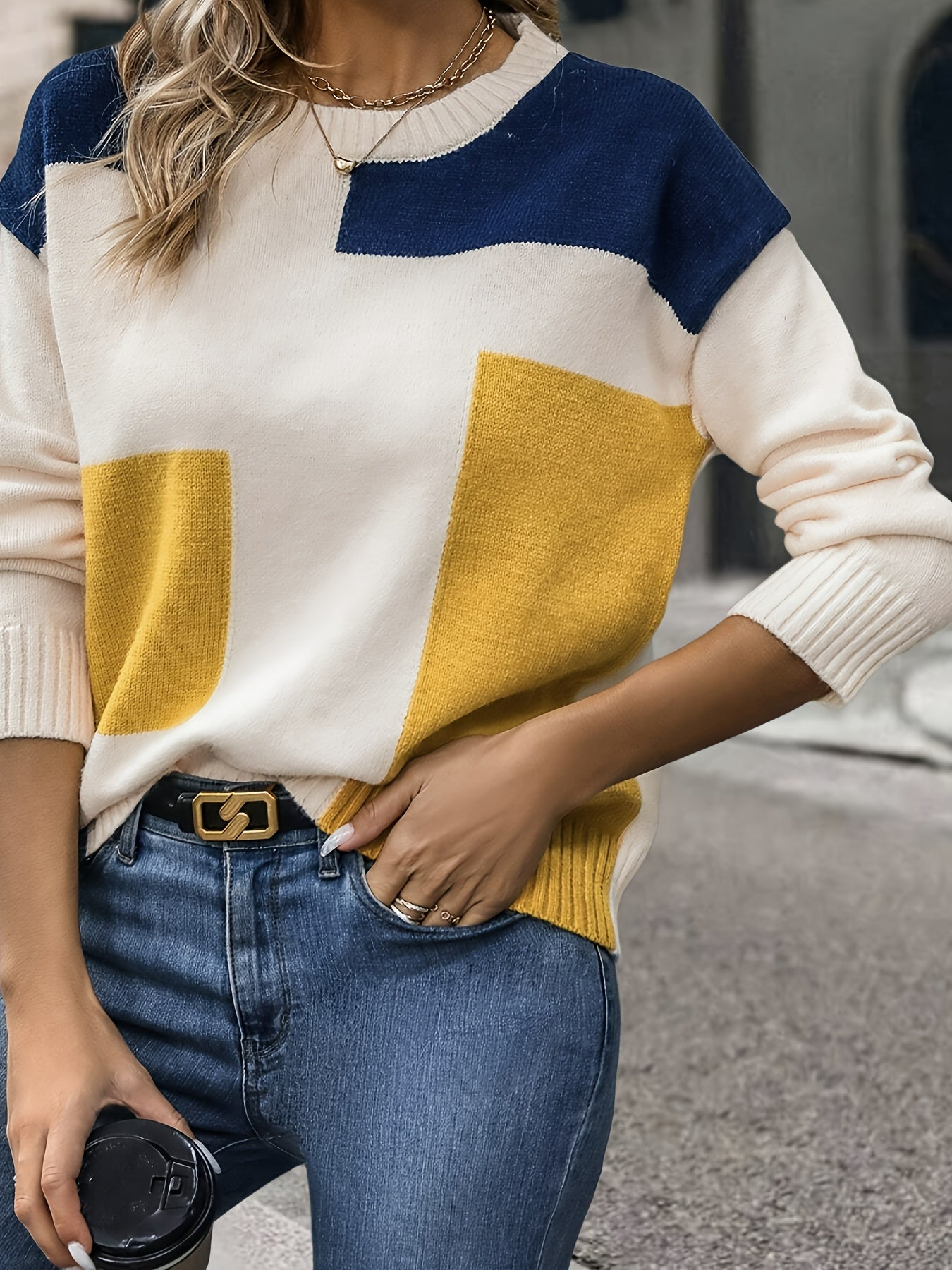 Cozy Color Block Pullover Sweater - Stylish Crew Neck, Long Sleeve Knit for Trendy Women - Perfect for Fall & Spring Wardrobe