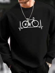 Bike Print Fashionable Men's Casual Long Sleeve Crew Neck Pullover Sweatshirt, Suitable For Outdoor Sports, For Autumn Spring, Can Be Paired With Necklace, As Gifts