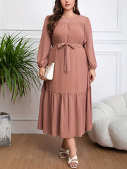 Plus Size Flattering Tie Waist Dress with Ruffle Hem - Long Sleeve Casual Style for Spring & Fall - Perfect Womens Plus Size Clothing Choice for Ramadan