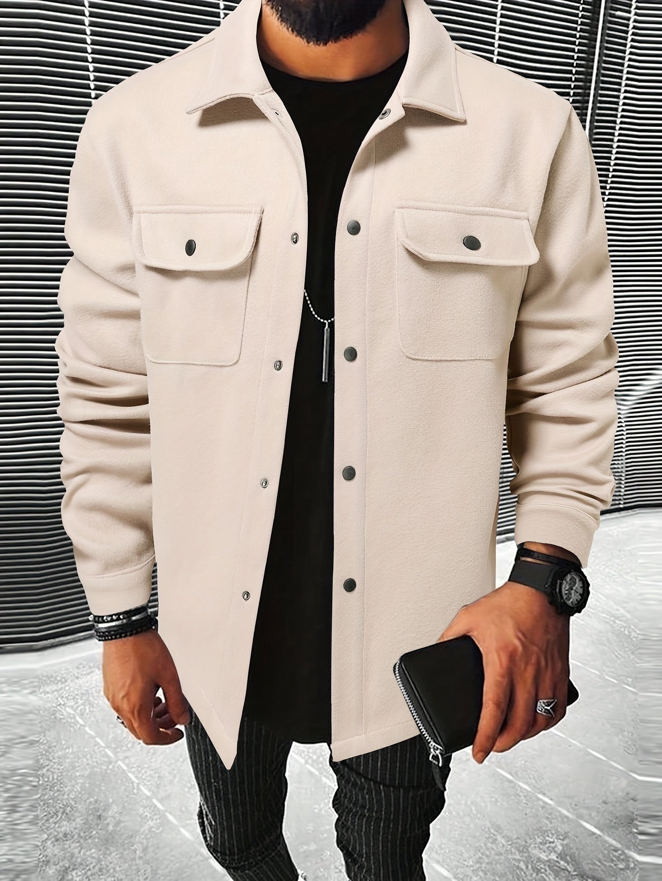 Mens Chic Flap Pocket Jacket - Stylish Button Up Design - Warm Autumn-Winter Coat for Mature Style