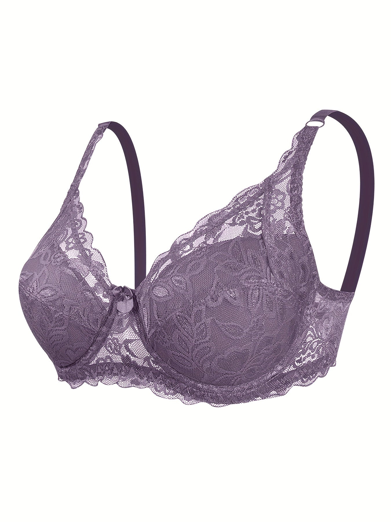 Elegant Contrast Lace Plunge Push Up Bra - Comfy, Breathable, and Sheer-Free Underwire Bra for Women - Polyamide Knit Fabric, No Padding, Solid Color, and Scallop Trim Design