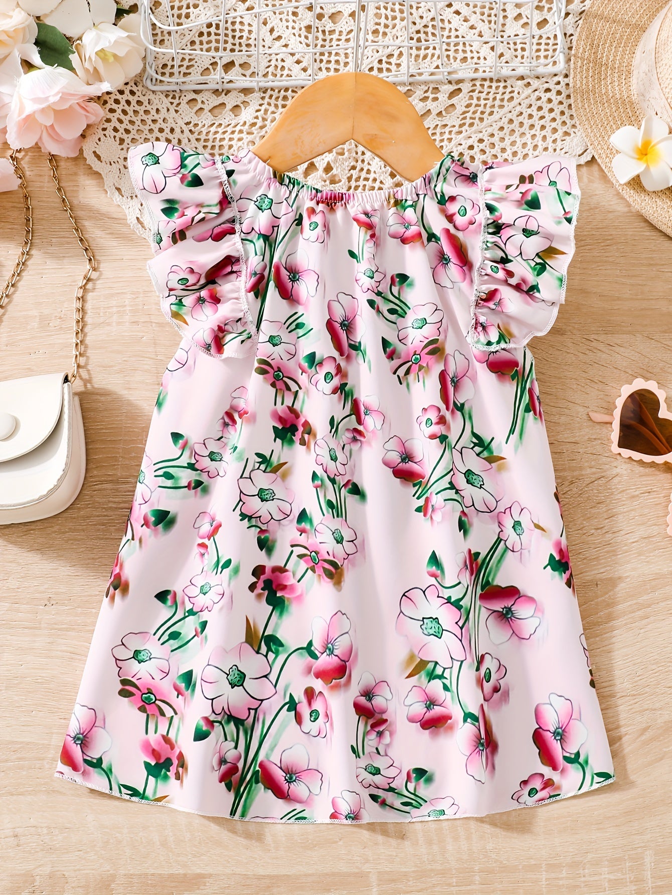 Girls Round Neck Small Scattered Flower Prints With Pretty Details And Cute Flutter Sleeves Dress