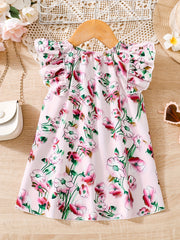 Girls Round Neck Small Scattered Flower Prints With Pretty Details And Cute Flutter Sleeves Dress