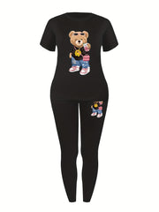 Casual Teddy Bear Print Two-piece, Crew Neck Short Sleeve T-shirt & Skinny Leggings Outfits, Women's Clothing