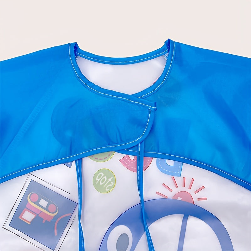 Blue Vehicle-Themed Bib For Toddlers, Stain-Resistant Polyester Feeding Smock, 0-6 Years