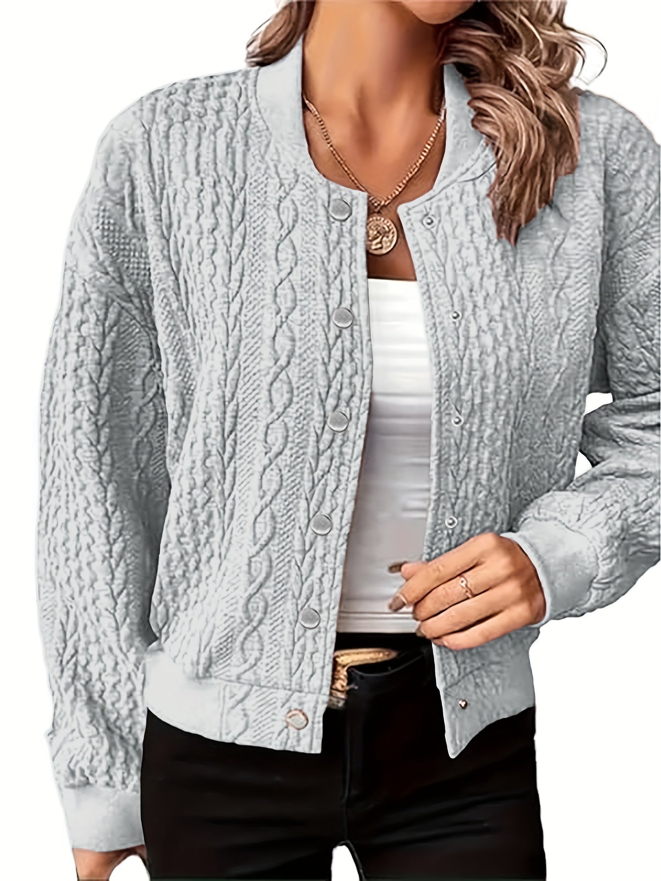 Solid Textured Single Breasted Jacket, Casual Long Sleeve Simple Outwear For Spring & Fall, Women's Clothing