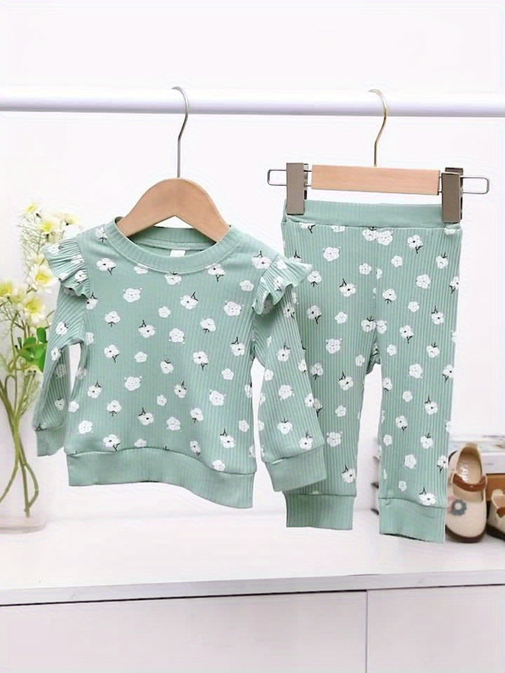 Infant Baby Girl Cute Pink Flowers Graphic Long Sleeve Pullover Top + Pants Set, Toddler's Cotton Thermal Clothes