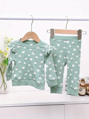 Infant Baby Girl Cute Pink Flowers Graphic Long Sleeve Pullover Top + Pants Set, Toddler's Cotton Thermal Clothes