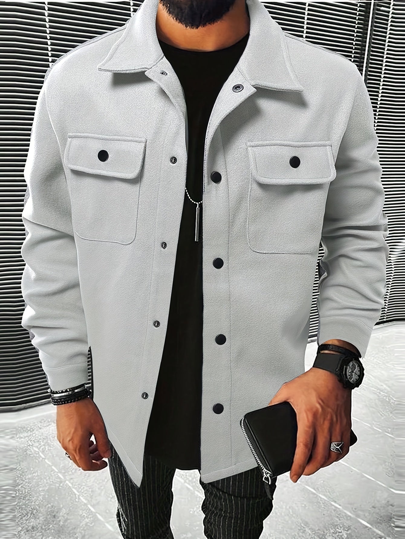 Mens Chic Flap Pocket Jacket - Stylish Button Up Design - Warm Autumn-Winter Coat for Mature Style