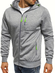 Men's Solid Hooded Long Sleeve Zip Up Sweatshirt Jacket With Multiple Zippered Pockets, Versatile And Chic Hoodie Jacket For Casual, Outdoors And Fitness Wear