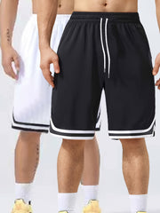 Two-Piece Mens Loose Fit Contrast Color Stripe Shorts Set - Drawstring Waist, Two Side Pockets, Breathable Slight Stretch Polyester Fabric, Ideal for Summer Fitness, Outdoor Sports, and Daily Casual Wear