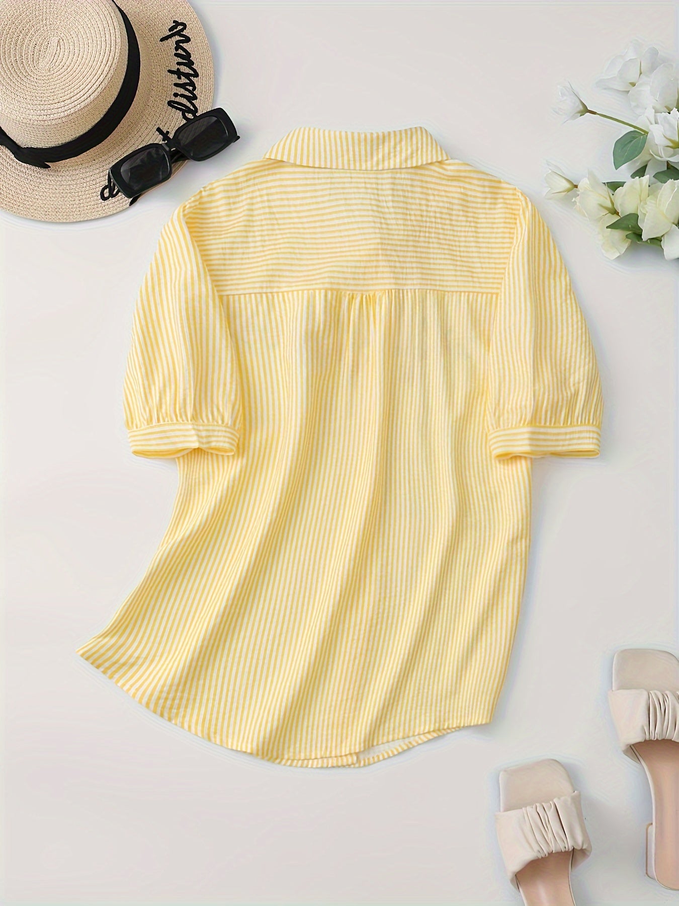 Floral Embroidered Striped Print Blouse, Cute Short Sleeve Blouse For Spring & Summer, Women's Clothing