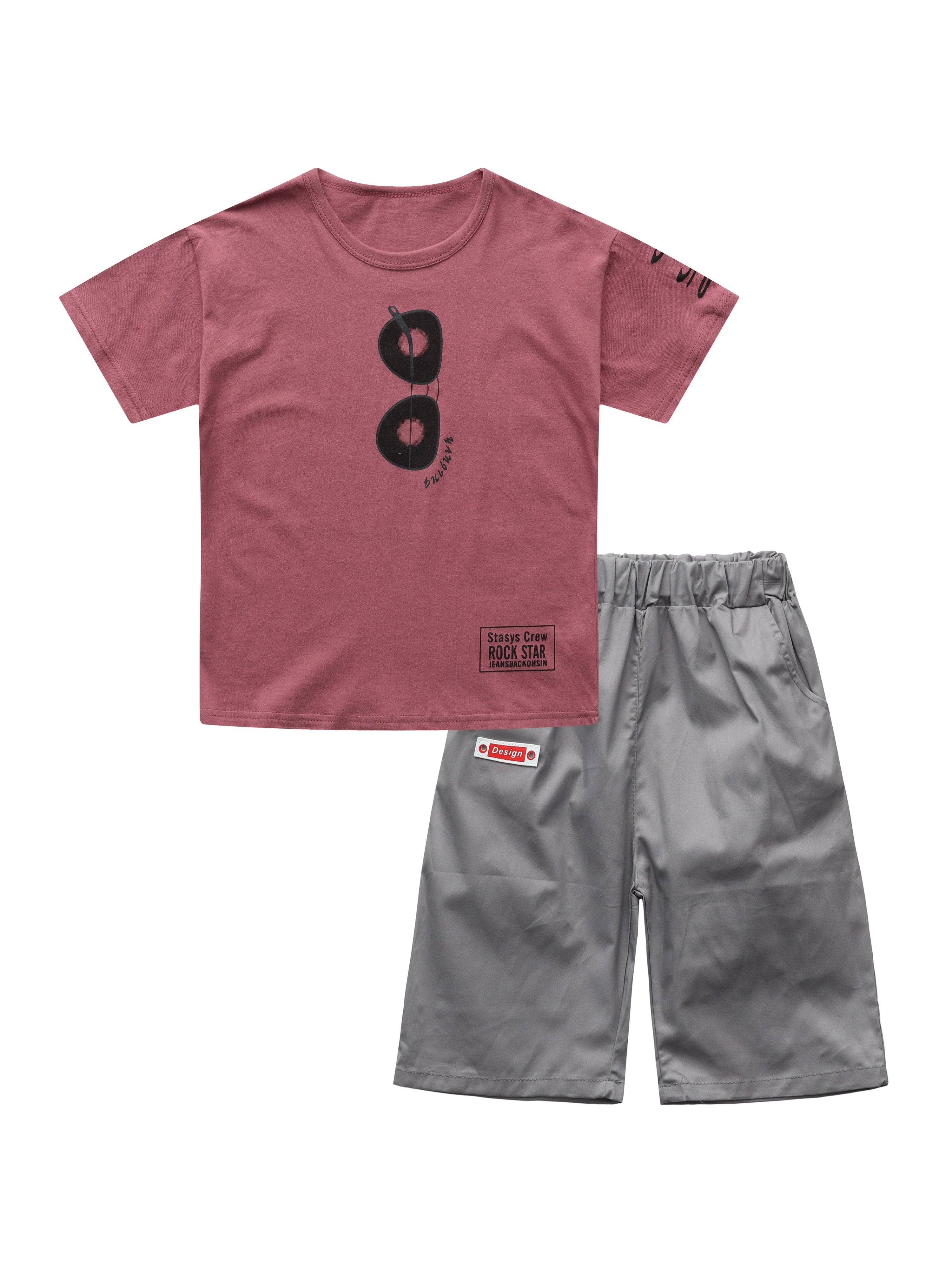 100% Cotton 2pcs, Glasses Graphic Short Sleeve Crew Neck T-shirt + Solid Color Shorts Set For Boys, Breathable Set Casual Summer Gift