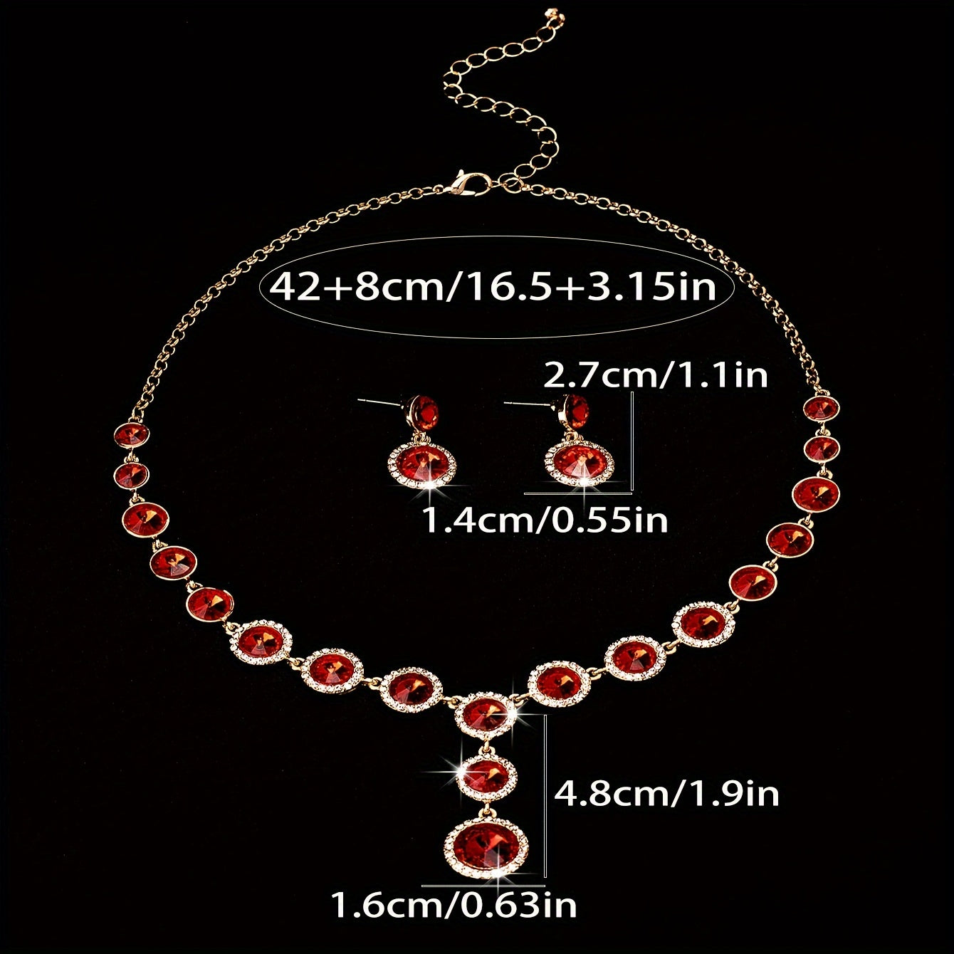 Luxurious 3pcs Jewelry Set with Sparkling Red Gemstone - Necklace, Earrings & Ring for Women | Perfect for Weddings & Evening Gowns