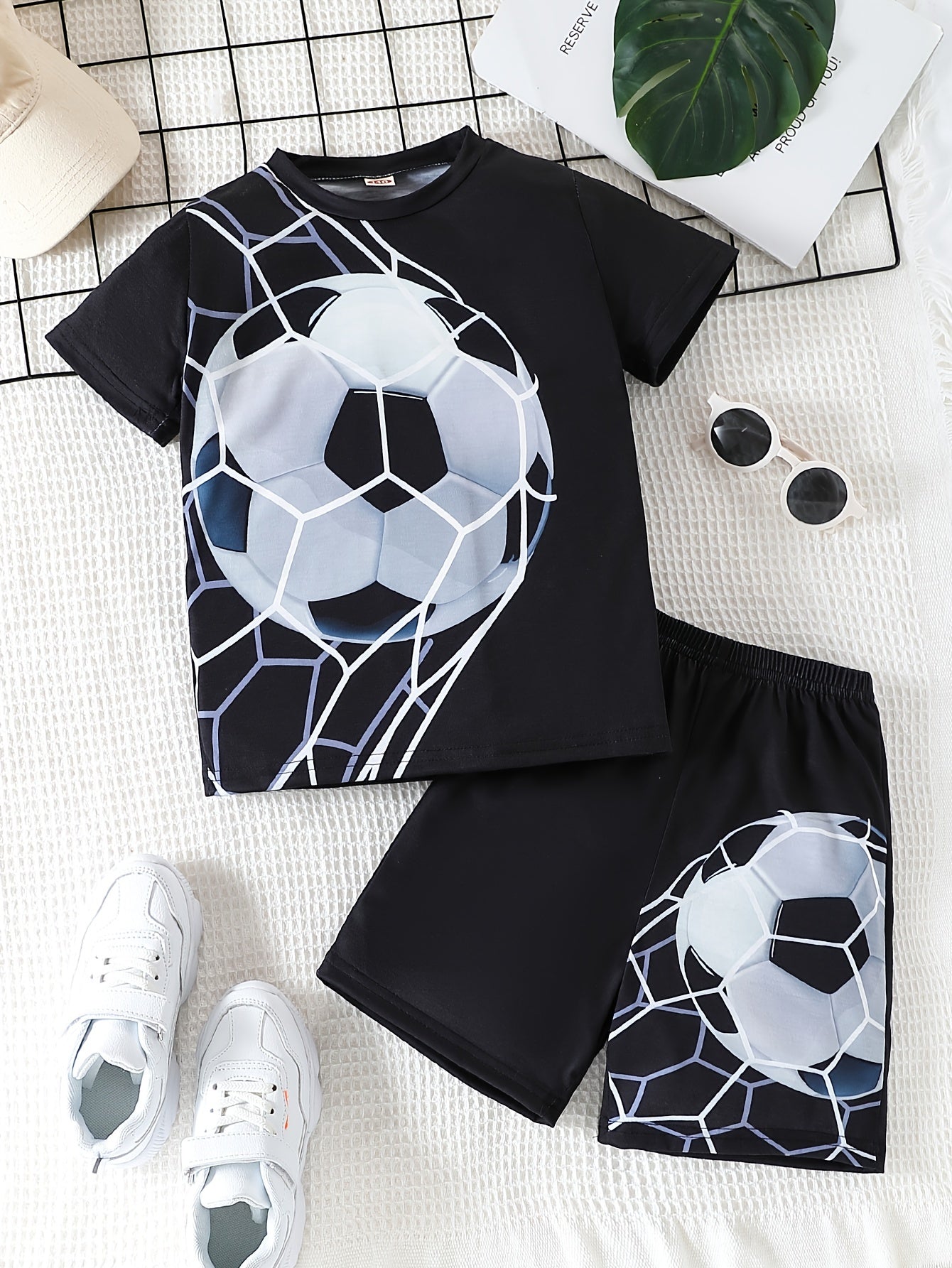 Boys Casual 2-Piece Outfit Set, Soccer Goal Print Short Sleeve Tee With Shorts, Cool, Lightweight And Comfy Summer Clothes