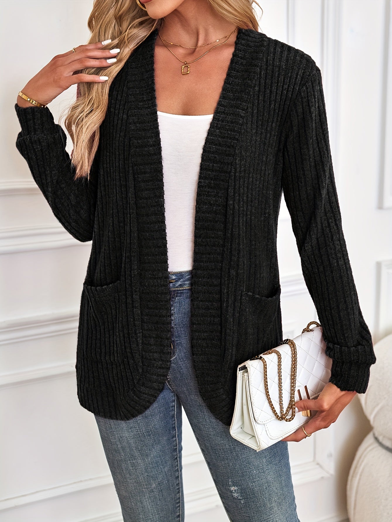 Trendy Solid Open Front Cardigan - Long Sleeve Drop Shoulder Outwear - Stylish & Comfortable for Spring to Fall - Perfect Womens Wardrobe Staple