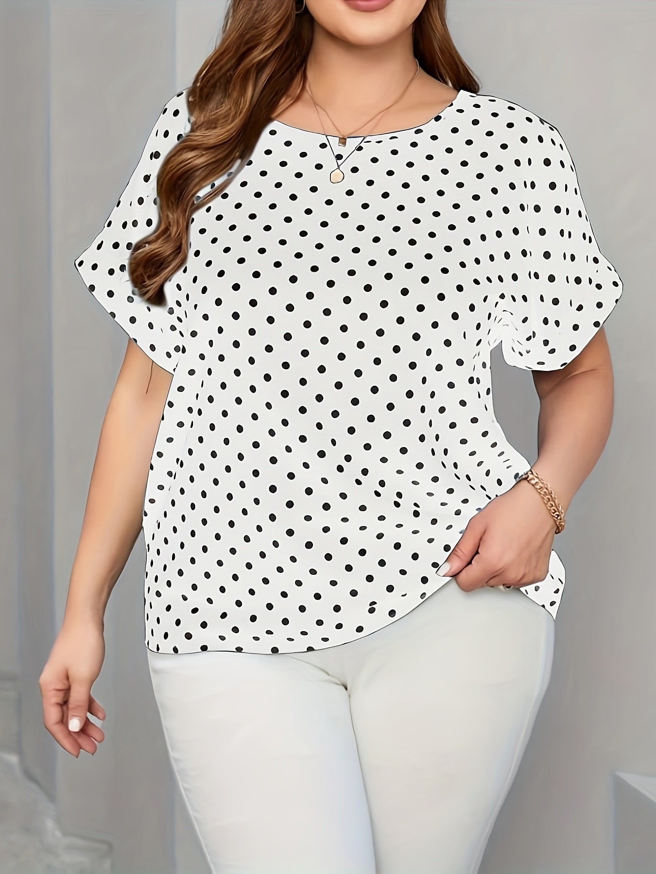 Plus Size Polka Dot Print T-shirt, Elegant Short Sleeve Crew Neck Top For Spring & Summer, Women's Plus Size Clothing