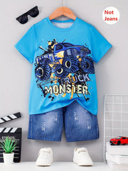 2pcs Boys Casual Monster Truck Print Versatile Short Sleeve T-shirt & Imitation Denim Shorts Set, Cool, Lightweight And Comfy Summer Clothes