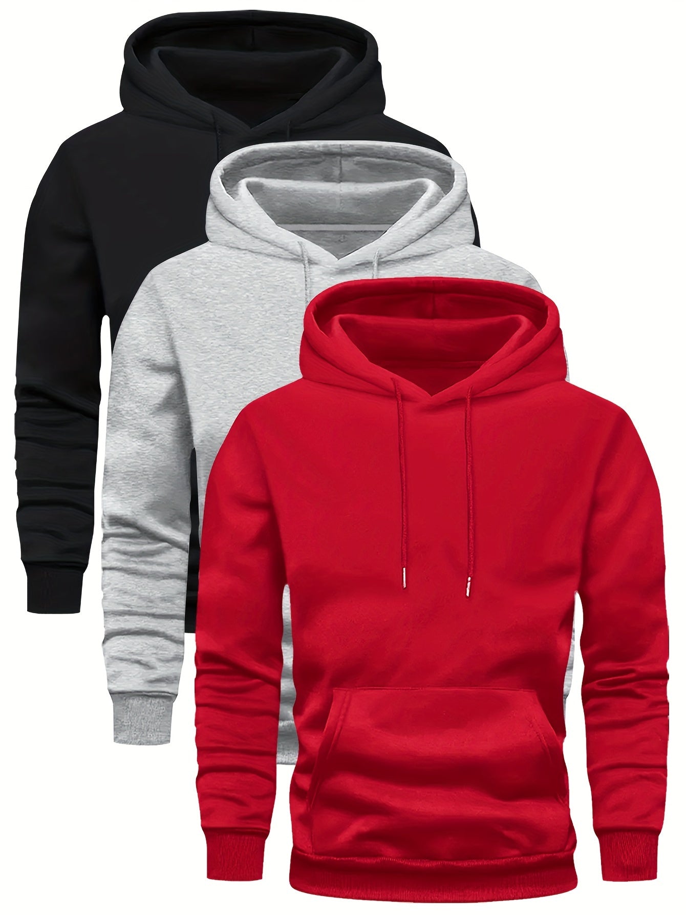 Men's 3-pack Set Of Solid Hooded Long Sleeve Fleece Sweatshirts With Kangaroo Pocket, Spring And Fall Trendy Hoodies For Daily Outings