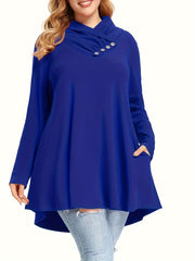 Plus Size Button Decor T-Shirt, Casual Criss Cross Neck Long Sleeve Top For Spring & Fall, Women's Plus Size Clothing