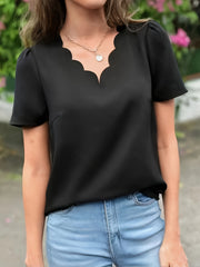 Solid V Neck Blouse, Elegant Short Sleeve Scallop Trim Blouse For Spring & Summer, Women's Clothing